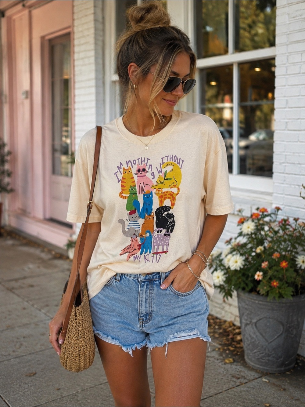 Comfort Colors Cream Short Sleeve Tee with Colorful Cat Graphic